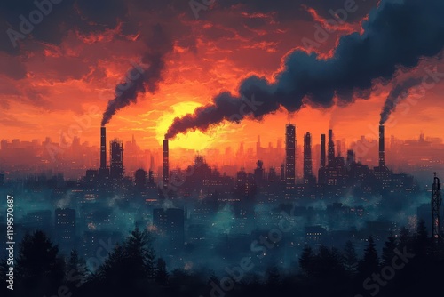 illustration depicting smoke billowing from factories, symbolizing air pollution and environmental concerns, with dark tones and stark contrasts portraying the urgency of the issue photo