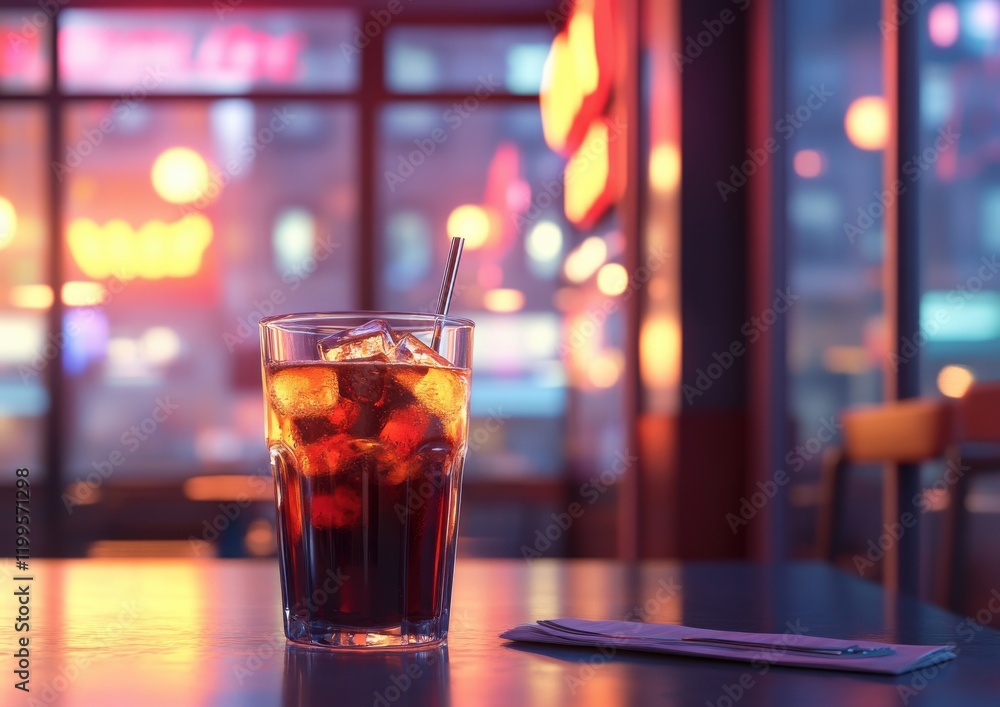 Refreshing glass of iced cola with ice cubes in a vibrant bar setting, showcasing colorful lights and urban atmosphere, perfect for nightlife imagery Refreshing glass of iced cola with ice cubes in a vibrant bar setting, showcasing colorful lights and urban atmosphere, perfect for nightlife imagery