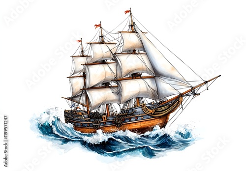 Majestic Sailing Ship with Billowing White Sails Navigating Through Turbulent Ocean Waves, Capturing the Spirit of Exploration and Adventure on the High Seas