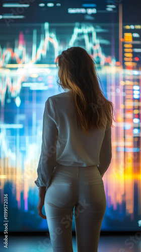 Professional female executive reviewing financial analytics on digital display, examining performance metrics with concentrated focus