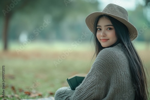 Portrait of a beautiful curly-haired brunette girl in the park. Girl smiling and holding her hair. High quality photo. Beautiful simple AI generated image photo