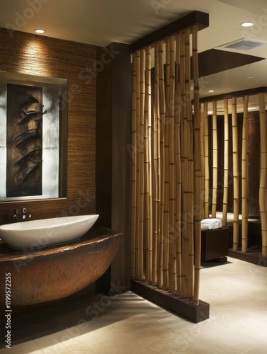 Modern Spa Bathroom with Bamboo Divider and Vessel Sink photo