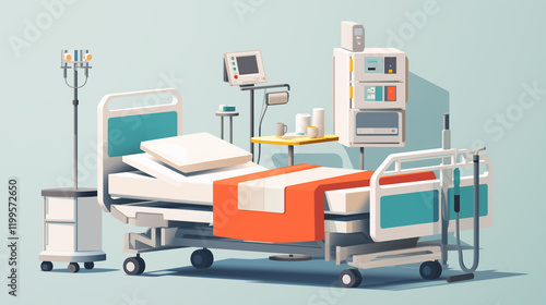 Hospital room with a modern medical bed and equipment for patient care at a healthcare facility