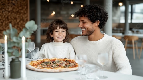 Elegant A family laughing while sharing a large pizza with extra toppings celebrating No Diet Day with carefree indulgence in a cozy dining space 