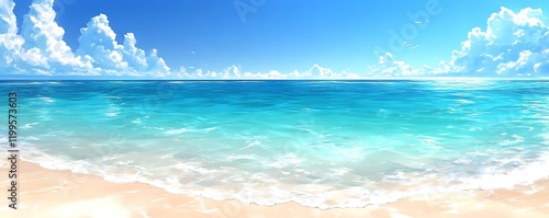 A whimsical anime beach scene with turquoise water, a clear sky, and soft white sand.
