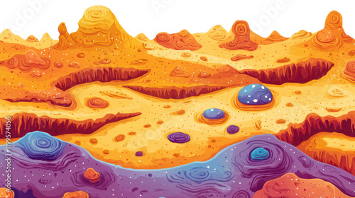 Alien Planet Landscape: A vibrant, surreal landscape illustration depicting an alien planet with unique geological formations in shades of orange, purple, and blue.  The texture is rich and detailed. photo