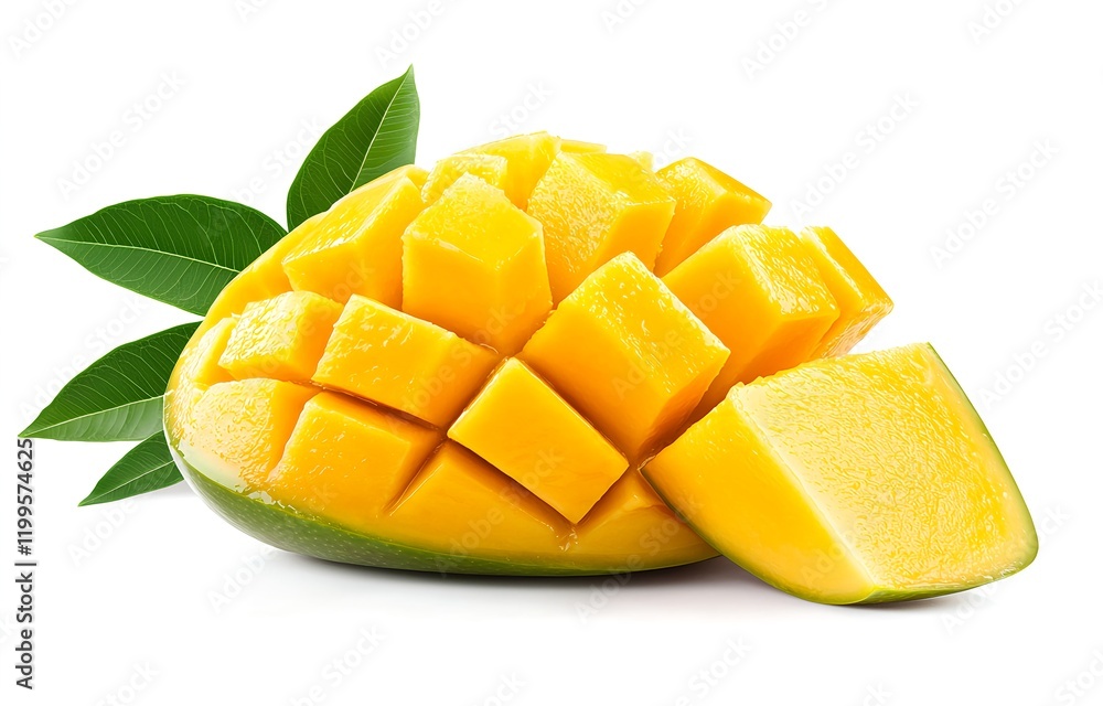 Freshly Cut Mango with Bright Yellow Flesh and Green Leaves Displayed on a White Background, Ideal for Healthy Eating, Smoothies, and Tropical Culinary Creations Freshly Cut Mango with Bright Yellow Flesh and Green Leaves Displayed on a White Background, Ideal for Healthy Eating, Smoothies, and Tropical Culinary Creations