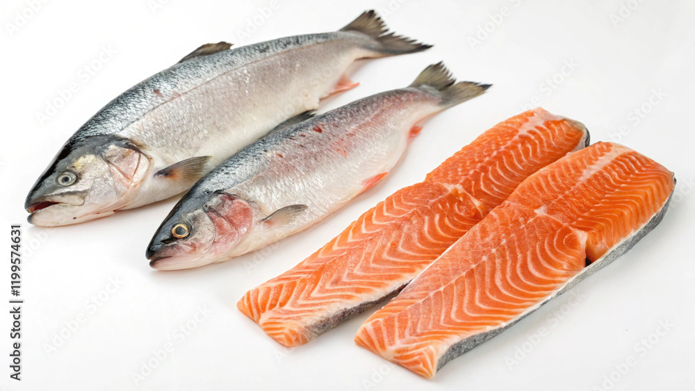 Salmon Fish, showcasing the freshness of this healthy seafood catch, on white background Salmon Fish, showcasing the freshness of this healthy seafood catch, on white background