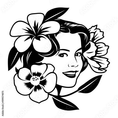 Pretty Woman Face with Flowers and Leaves in Hair. Spring Girl Portrait. Black and white vector clipart isolated on white.