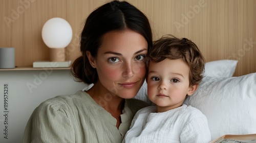 Elegant A mother kissing her child on the forehead while tucking them into bed with a nightlight glowing softly and a bedtime storybook nearby  photo