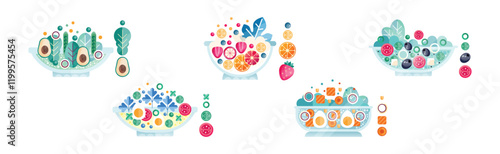 Fresh Fruit and Vegetable Salad in Bowl Flat Icon Vector Set