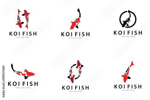 Koi Fish Logo Design, Chinese Lucky And Triumph Ornamental Fish Vector, Company Brand Gold Fish Collection Bundle Set