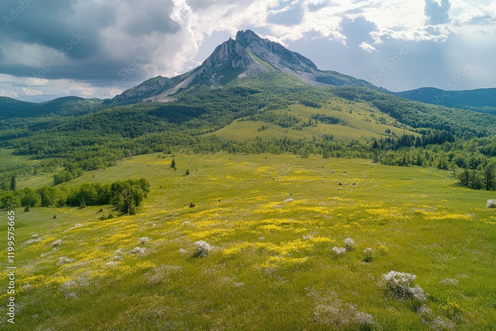 Fototapeta premium A lone ranger stands on a rocky outcrop overlooking a vast, fog-covered forest under a clear sky. Beautiful simple AI generated image