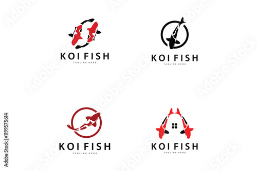 Koi Fish Logo Design, Chinese Lucky And Triumph Ornamental Fish Vector, Company Brand Gold Fish Collection Bundle Set