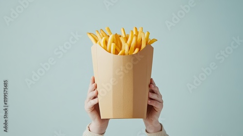 Elegant A person surrounded by fast food packages holding a box of fries and laughing while enjoying every bite on No Diet Day  photo