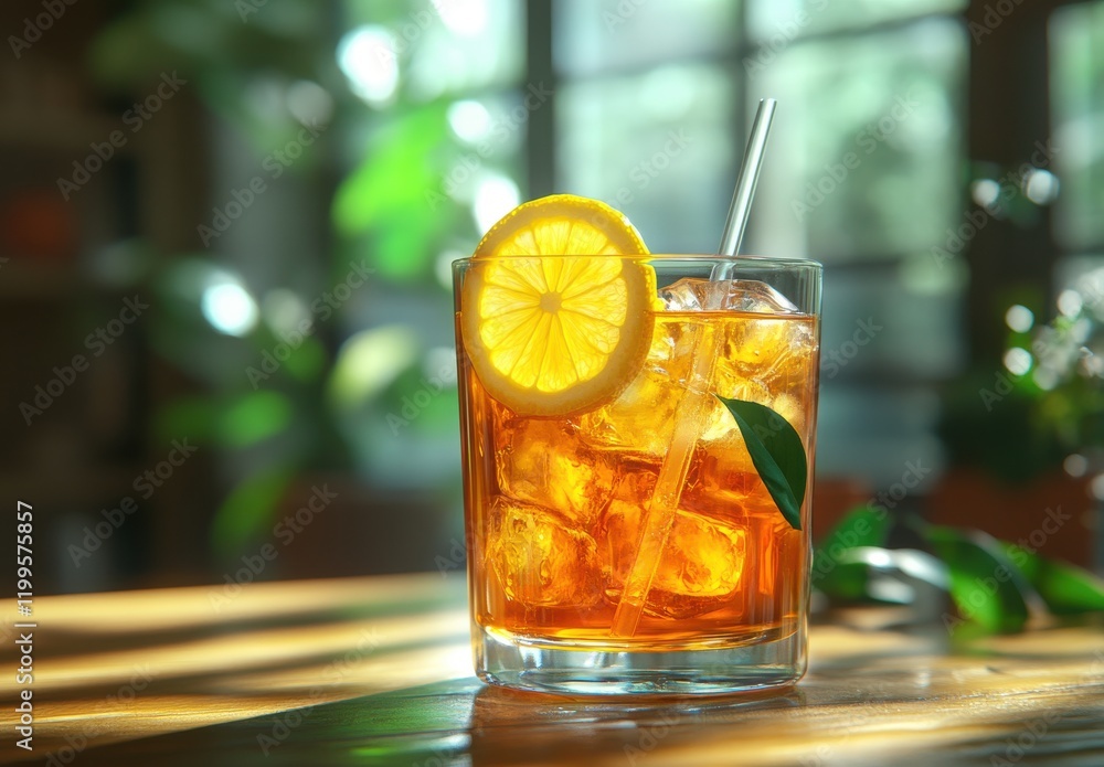 Refreshing Iced Tea with Lemon Slice and Ice Cubes Served in a Glass on a Sunlit Table Surrounded by Lush Greenery and Soft Natural Lighting Refreshing Iced Tea with Lemon Slice and Ice Cubes Served in a Glass on a Sunlit Table Surrounded by Lush Greenery and Soft Natural Lighting