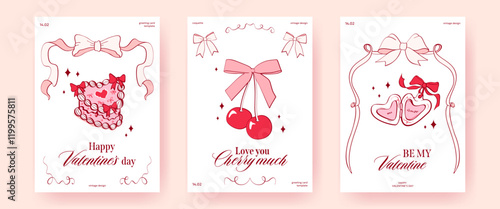 Set of Valentine's Day greeting cards, posters, banner in coquette style. Vintage ribbons, cake, cherries tied in a pink bow, heart locket, modern typography. Retro templates for romantic designs.
