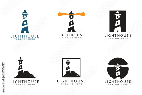 Lighthouse logo vector beacon tower ship signal simple beach port design template collection bundle set