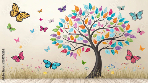 The Enchanted Butterfly Tree: A Vibrant Symphony of Colors wallpaper background  photo