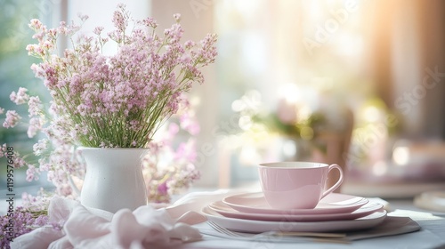 Pastel pink Galentine's Day table setup featuring vases, candles, and heart decorations. Ideal for social events, romantic occasions, and Valentine's Day celebrations.