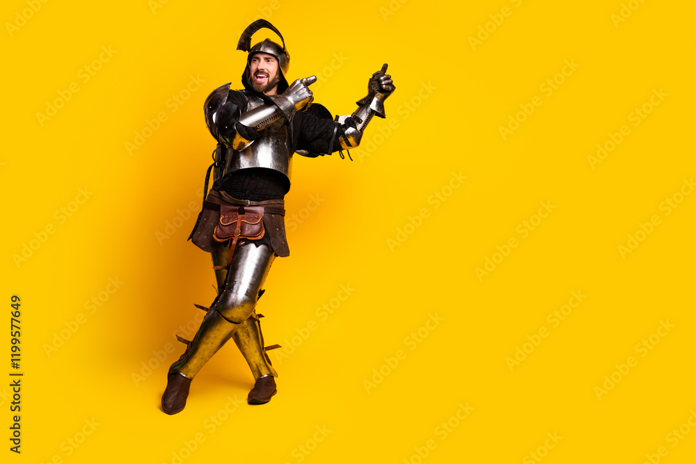 A cheerful knight in shining armor posing with a bright yellow background A cheerful knight in shining armor posing with a bright yellow background