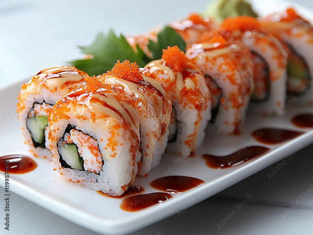 A plate of sushi with a sauce on it A plate of sushi with a sauce on it