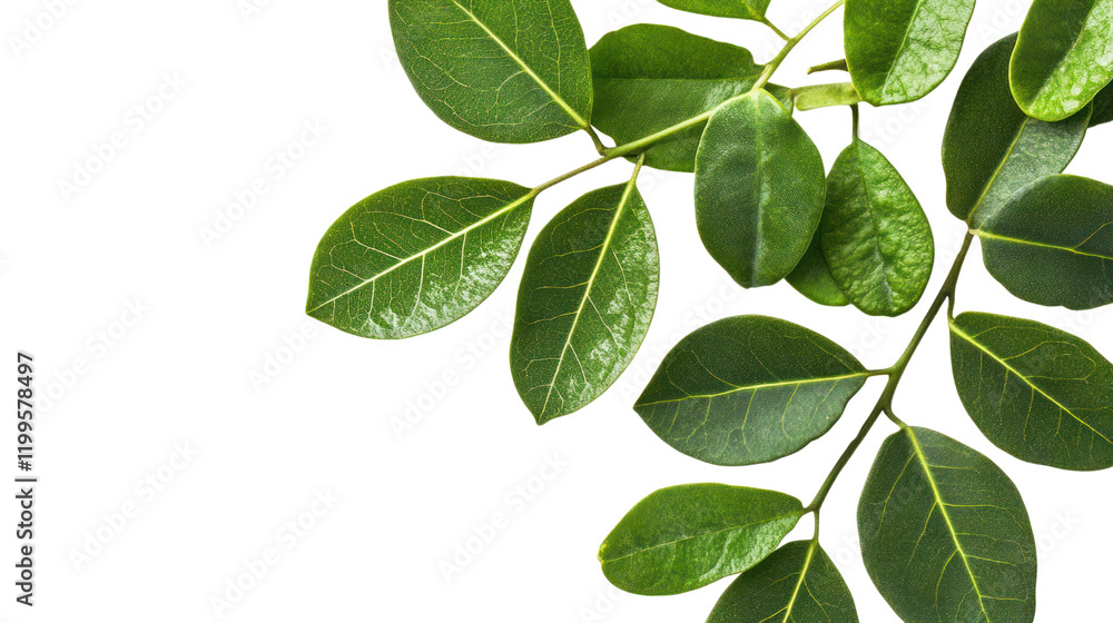 Fototapeta premium Green leaves arranged beautifully, showcasing natural texture and vibrant color against a seamless white background.