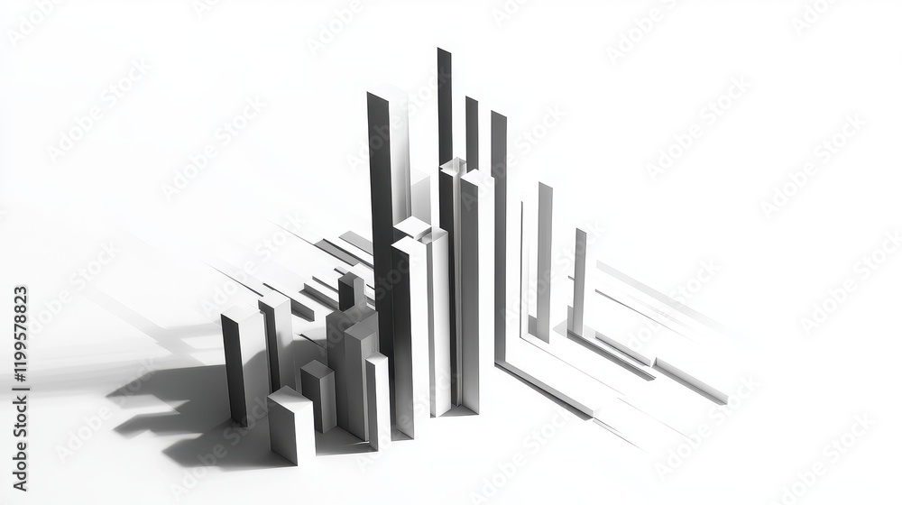 A bar chart with shadows, 3D effect, professional style, grey and white tones, isolated on white background 