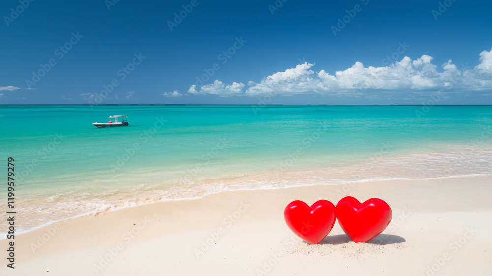 Fototapeta premium Two red hearts are on the beach, with a boat in the background