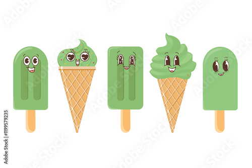 Hand drawn cute set of matcha green tea ice cream vector design. Vector