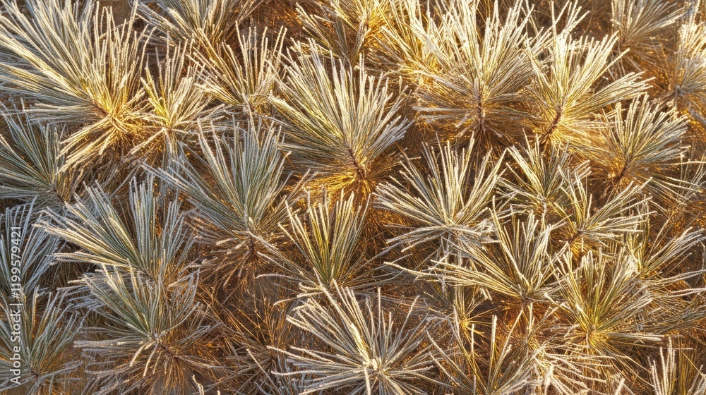 Obraz premium Winter background showing frost-covered pine needles glistening in sunlight
