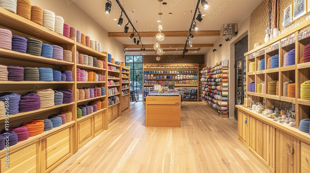 A store with many shelves of yarn and a wooden counter A store with many shelves of yarn and a wooden counter