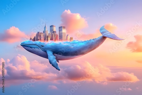 A blue whale with buildings on its back floats in the sky photo