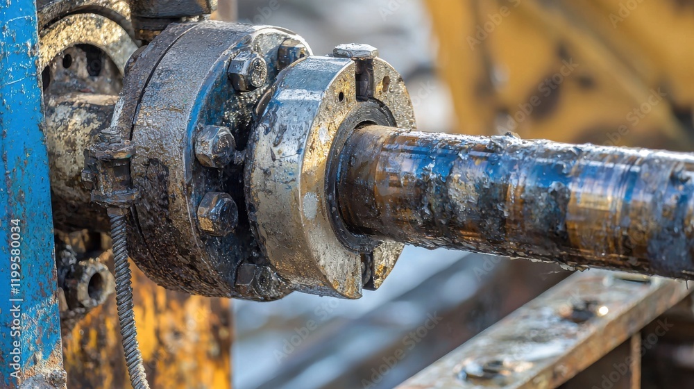 Close-up view of industrial machinery with metallic components and oil residue on a gear mechanism in a construction site setting Close-up view of industrial machinery with metallic components and oil residue on a gear mechanism in a construction site setting