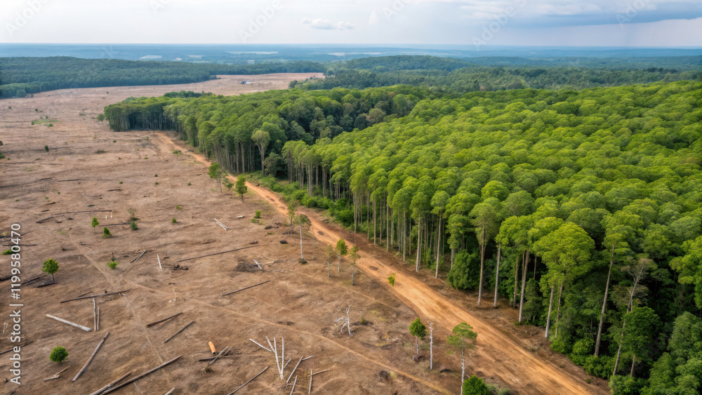 Naklejka premium Aerial view of deforested area next to thriving forest, highlighting contrast