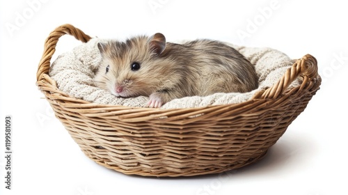 A hamster resting peacefully in a wicker basket, surrounded by soft bedding. Focus on the hamster relaxed pose, the cozy setting, and the texture of the basket and bedding. photo