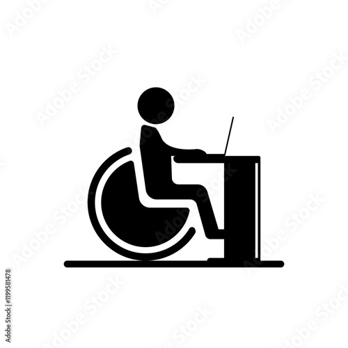 A person in a wheelchair working at a computer. Vector icon.