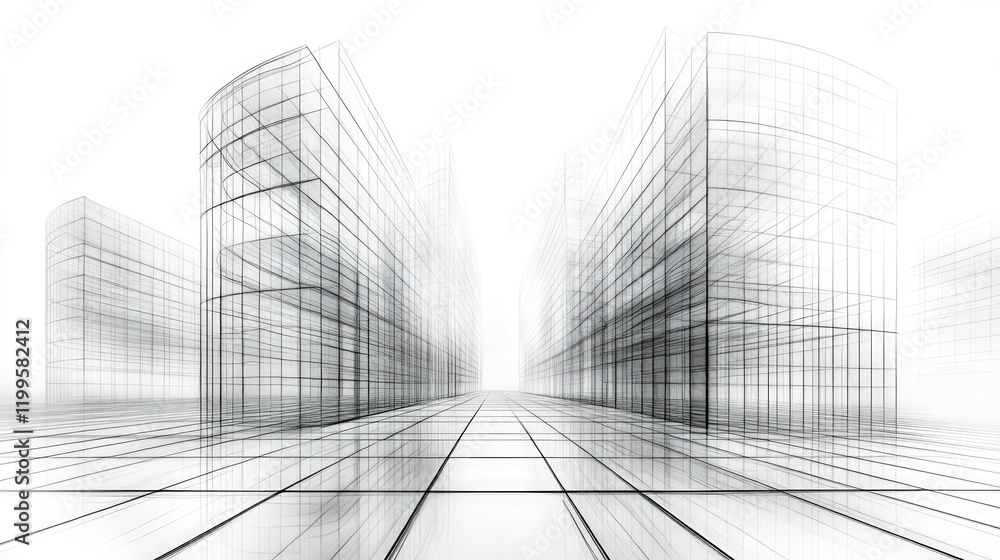 Fototapeta premium Architectural sketch; glass buildings; gridded city.
