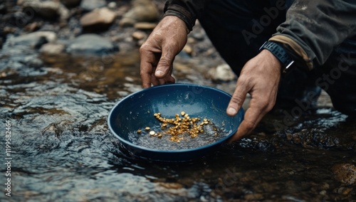 Gold Panning in a Mountain River: A Scene of Discovery and Fortune photo