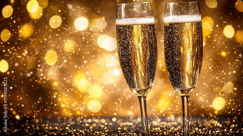 Champagne flutes toasting against sparkling gold holiday lights. Champagne flutes toasting against sparkling gold holiday lights.