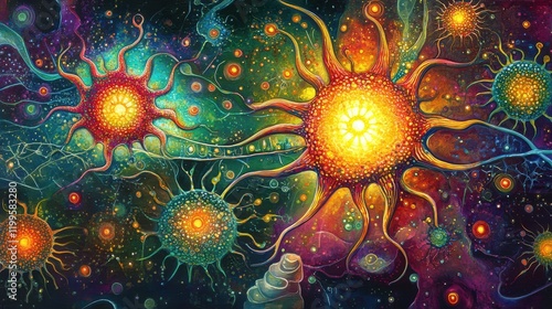 Whimsical hematopoietic stem cells depicted as radiant suns shining in a colorful universe, glowing softly, intricate patterns, surreal scientific exploration photo