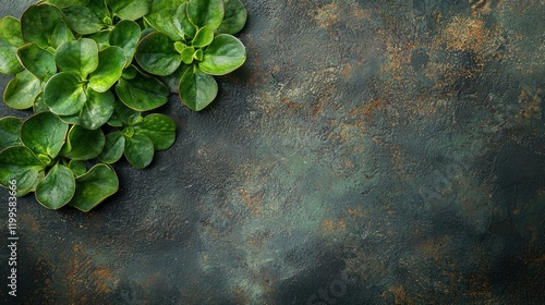 Lush green leaves on dark rustic background.