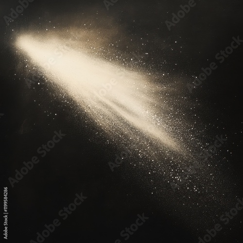 A dynamic burst of white powder against a dark background, creating an ethereal, cosmic effect resembling a comet or celestial event.