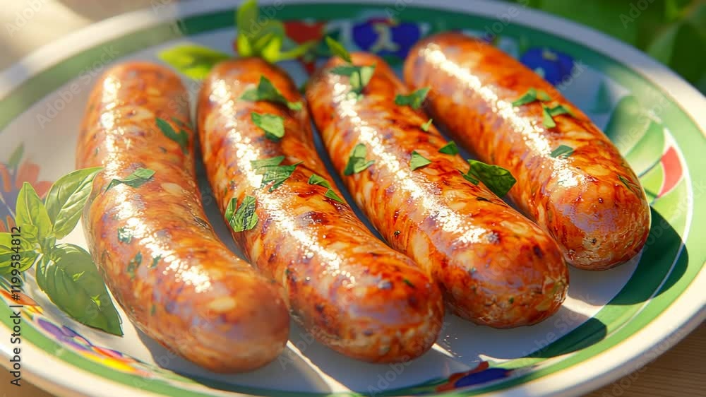 Grilled Sausages with Basil on a Plate, grilling, barbecue, bbq, cooked, food Grilled Sausages with Basil on a Plate, grilling, barbecue, bbq, cooked, food