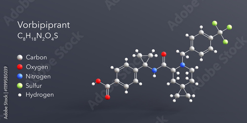 Wallpaper Mural vorbipiprant molecule 3d rendering, flat molecular structure with chemical formula and atoms color coding Torontodigital.ca