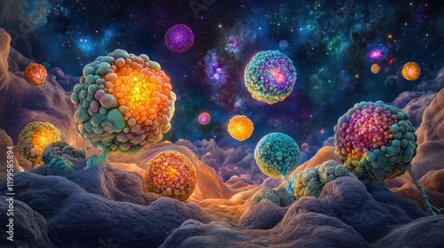 Surreal hematopoietic stem cells as colorful nebulae in a cosmic sky, glowing softly, intricate textures, whimsical exploration of biology photo