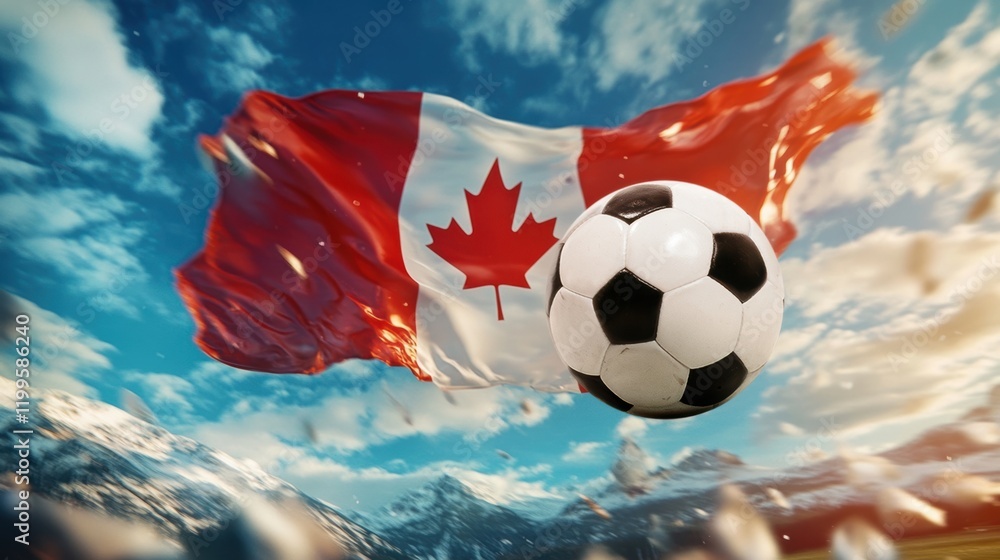 Fototapeta premium Football in mid-air bouncing with a Canadian flag in the background, set in a bright stadium under a clear sky.