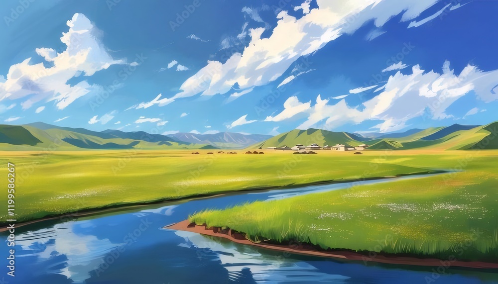 Serene valley village, sunny day, green pastures, calm river, travel postcard. Serene valley village, sunny day, green pastures, calm river, travel postcard.