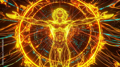 Abstract Male Anatomy Glowing Energy Vitruvian Man Neon Art Spiritual Awakening
