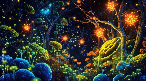 Surreal hematopoietic stem cells represented as glowing fireflies in a magical forest, vibrant colors, intricate designs, whimsical exploration of biology photo